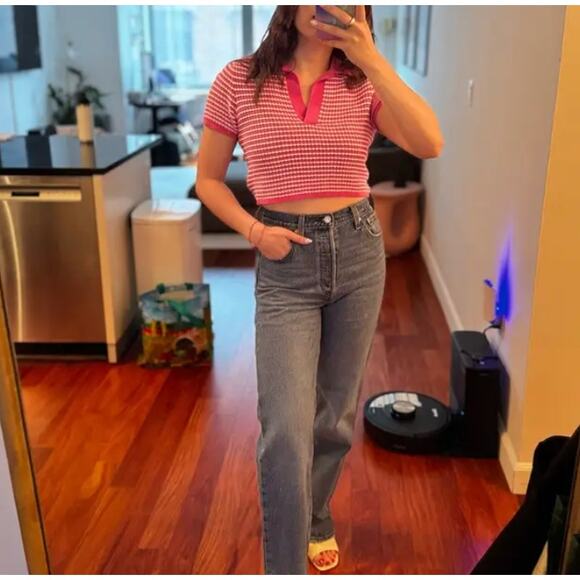 Derek Lam White Pink Polo Crop Top SMALL Baby Tee Striped Designer Preppy $220 - Picture 3 of 10